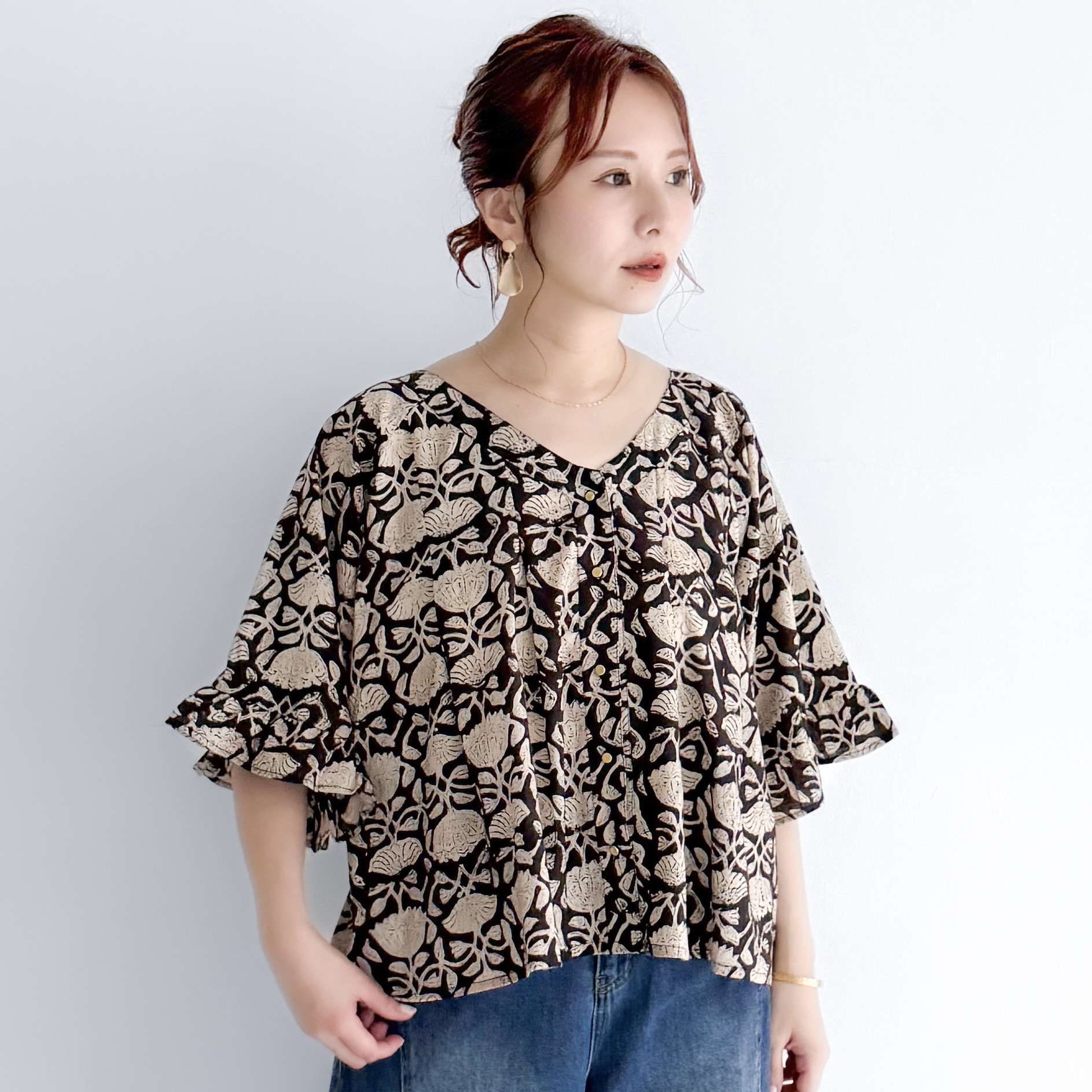 インド綿 ブロックプリント ゴールドボタン ブラウス〔サンドブラック〕