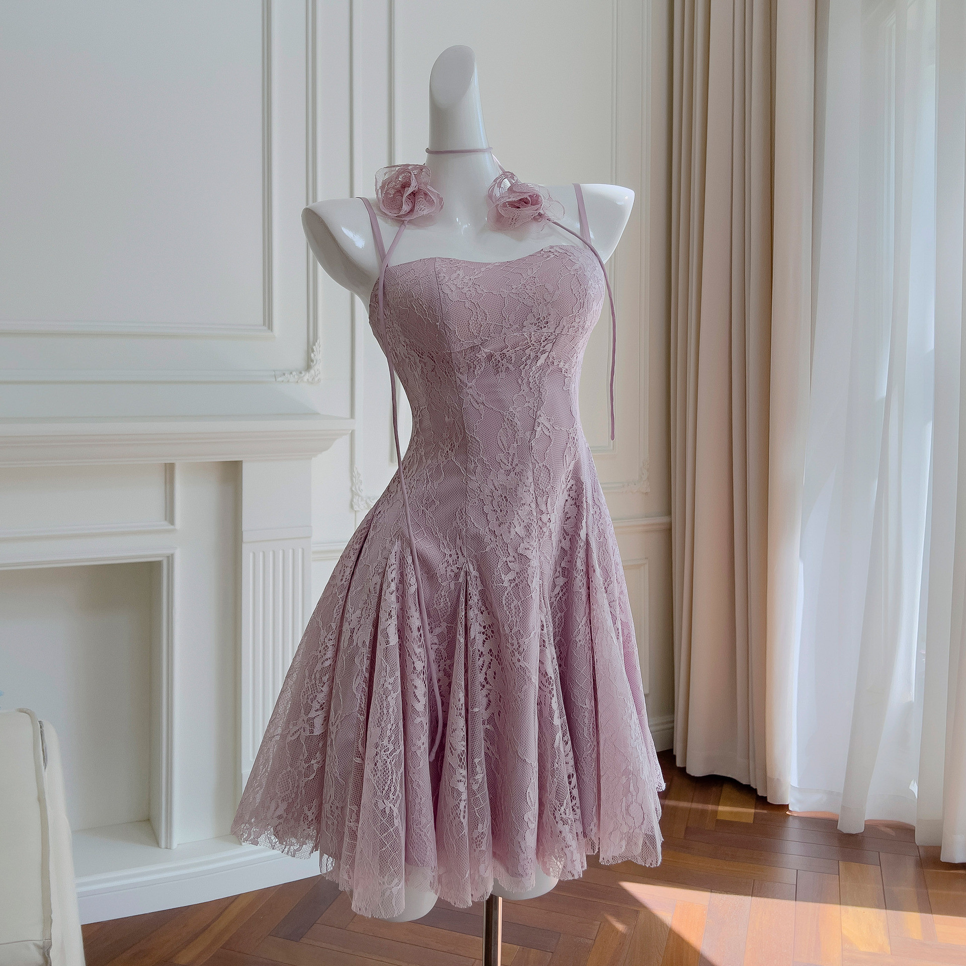 ドレス パーティー ウェディング ワンピース ショート プリンセス 紫 レース 上品 韓国風 結婚式 お呼ばれ 二次会