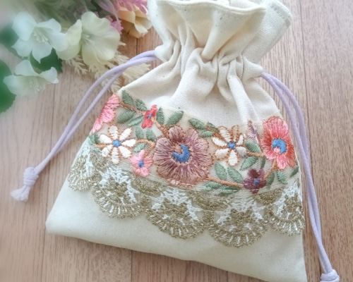 インド刺繍生地 くすみピンク 3ルームフリルトート⑅⿻ ハンドメイド