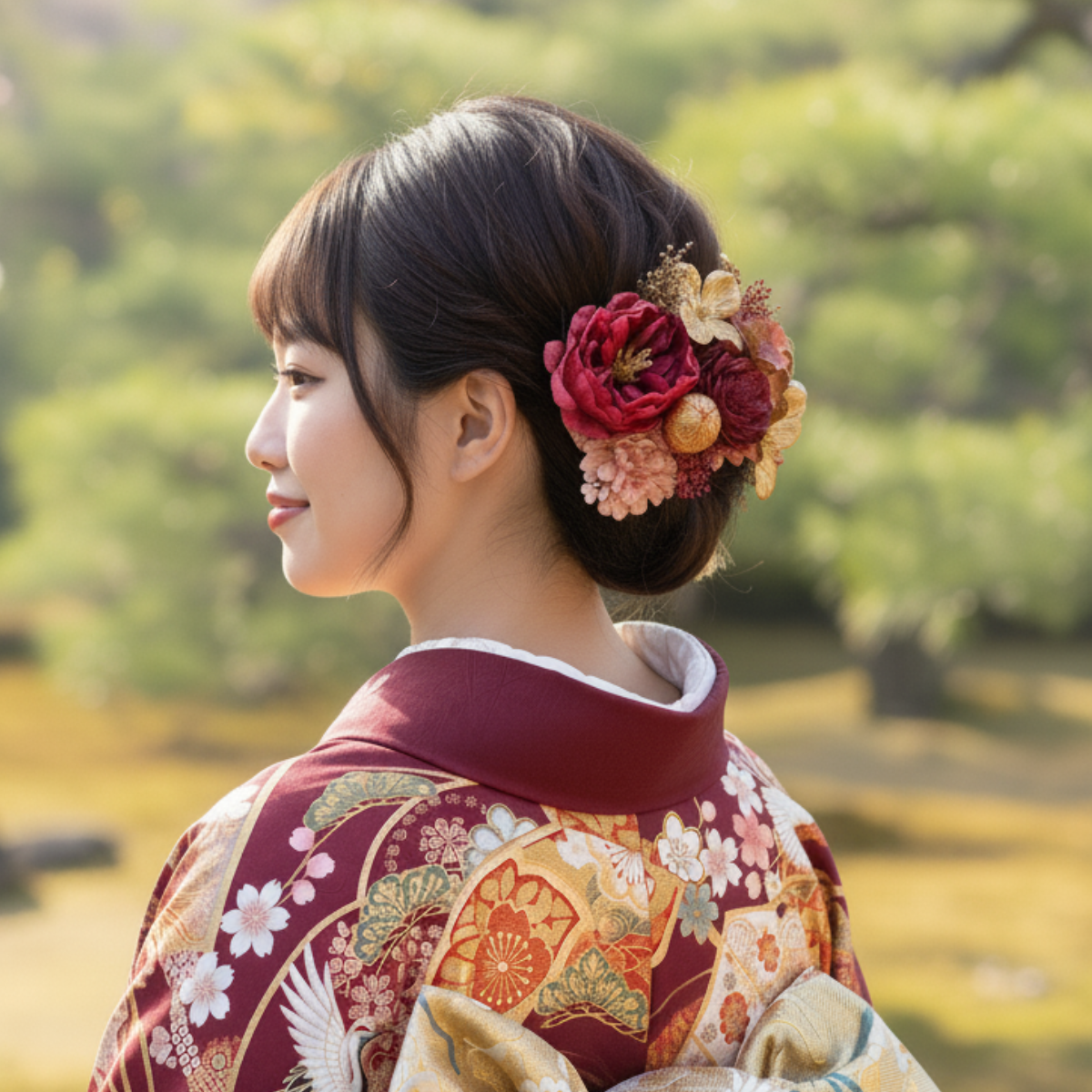 赤紫とゴールドの髪飾り 成人式　卒業式　結婚式　七五三　ヘッドドレス プリザーブドフラワー 花 髪かざり　振袖　着物