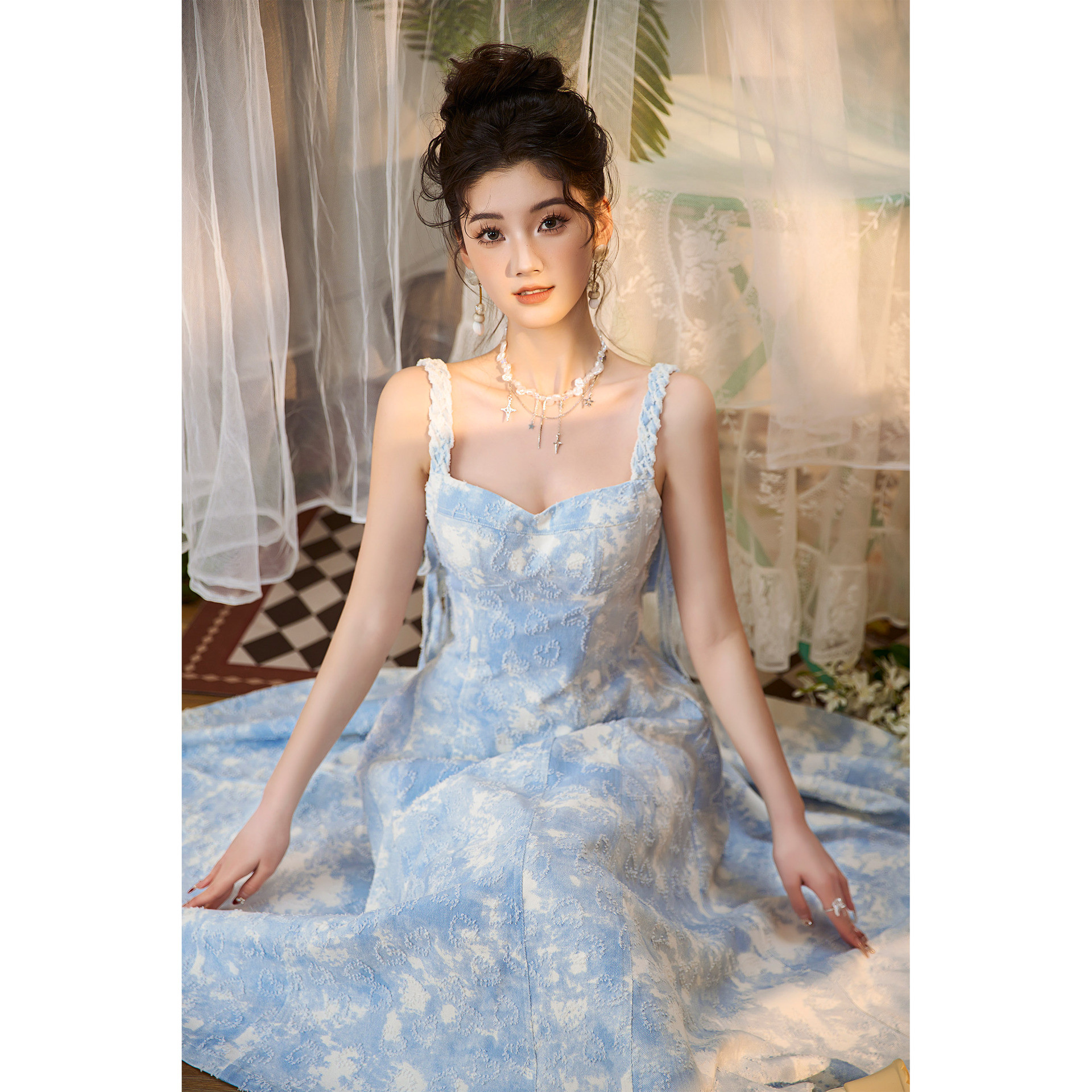 ドレス パーティー ウェディング ワンピース ロング プリンセス 青 上品 優雅 韓国風 結婚式 お呼ばれ 二次会