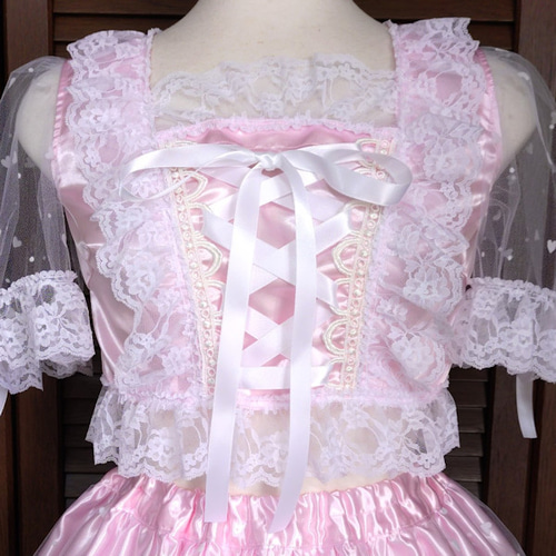 アイドル衣装 ピンク×白 ハート リボン ハンドメイド オリジナル コスプレ衣装 アイドル衣装 ピンク×白 ハート 編み上げリボン オリジナル