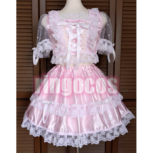 アイドル衣装 ピンク×白 ハート 編み上げリボン オリジナル ハンドメイド コスプレ衣装 ステージ衣装 コンカフェ