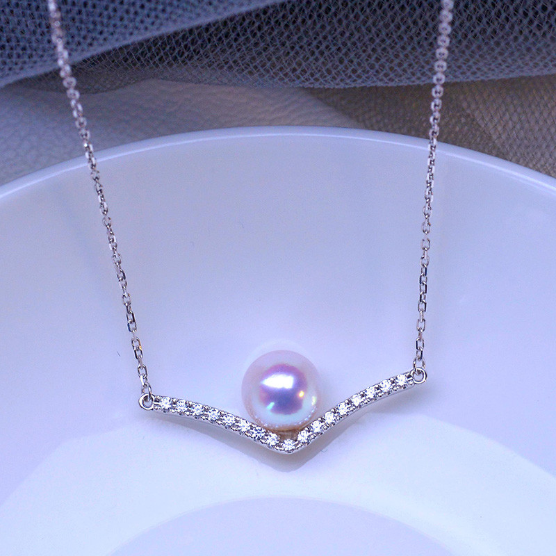 【La Corser】日本製 6.5-8.5mm アコヤ真珠 天然海水真珠 ペンダントネックレス 鎖骨チェーン 18Kホワイトゴ