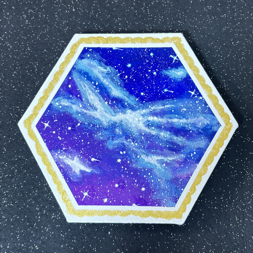 20cm六角形】宇宙 銀河 キャンバスアート カラフル アクリル絵の具