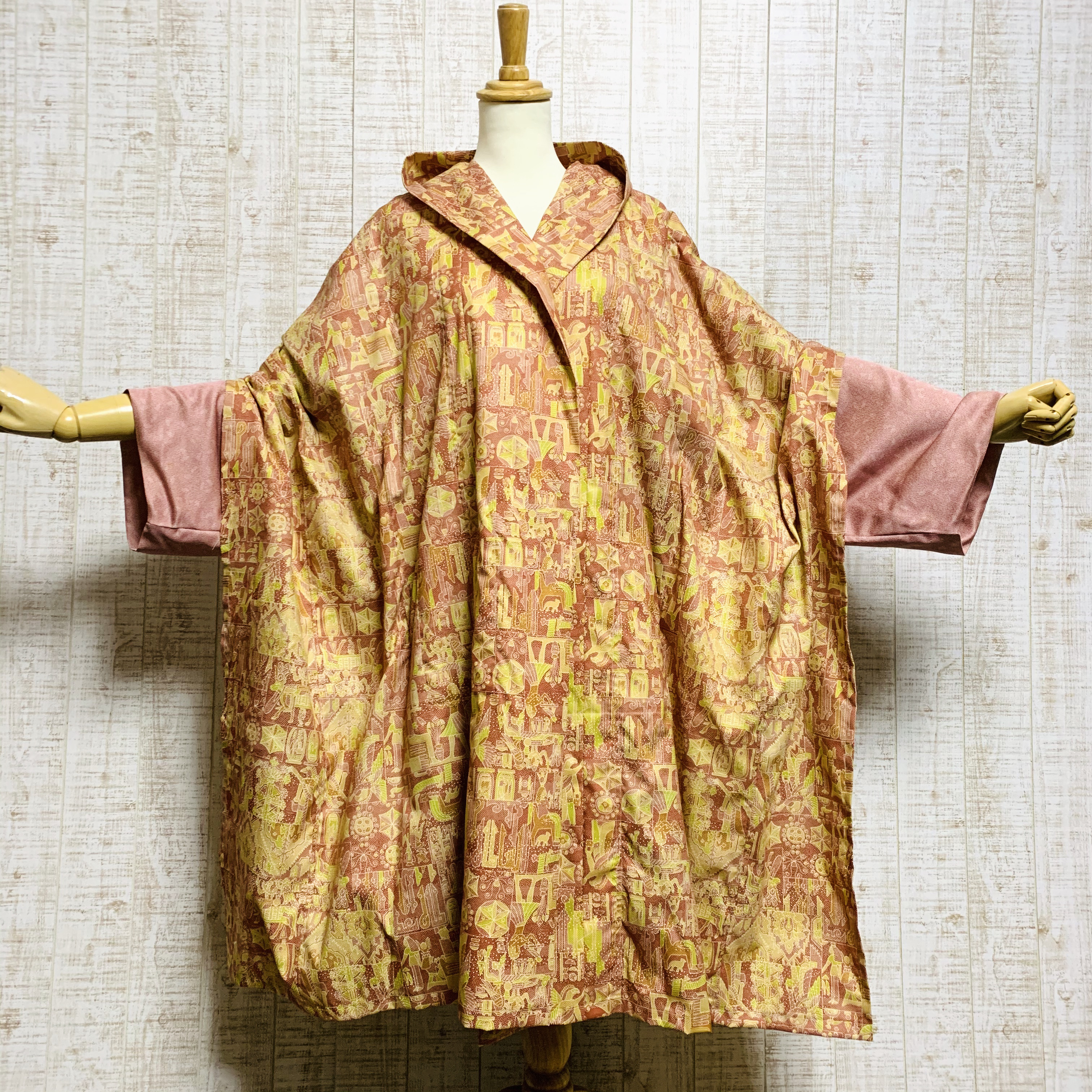 染め大島紬反物と鮫肌小紋でストール一体型アレンジコートフリーサイズ