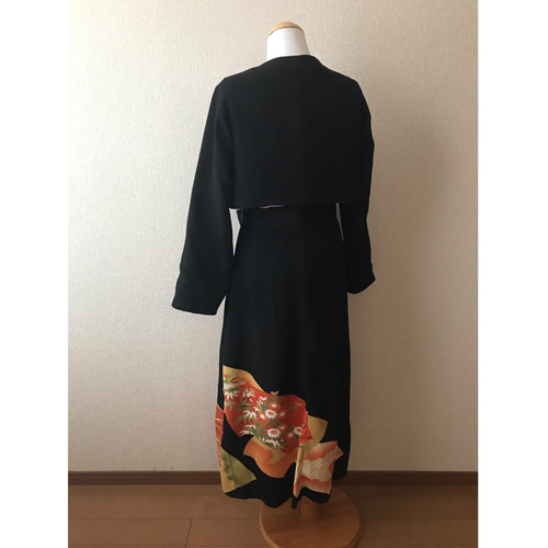 #2717　黒留袖　リメイク　ボレロ付き　ワンピース　ドレス　L～LLサイズ相当 2717 黒留袖 リメイク ボレロ付き ワンピース ドレス L～LL