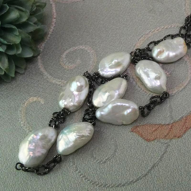 淡水パールネックレス「6月の雫」大粒　白いパール　大粒ピアスセット　ステーションネックレス　淡水パール　一点もの