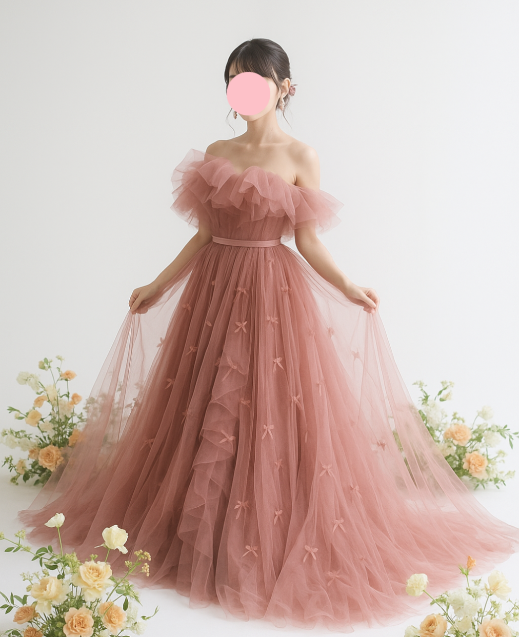 3waysくすみピンクカラードレス　チュールドレス　取り外しリボンオーバースカート　オフショルダー　結婚式　前撮り　二次
