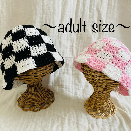 チェック柄のクロシェハット* バケットハット バケハ クラッシャー