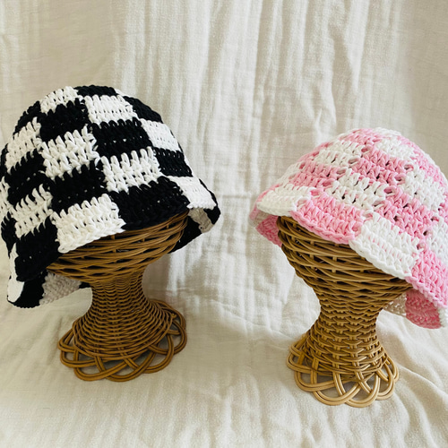 チェック柄のクロシェハット* バケットハット バケハ クラッシャー