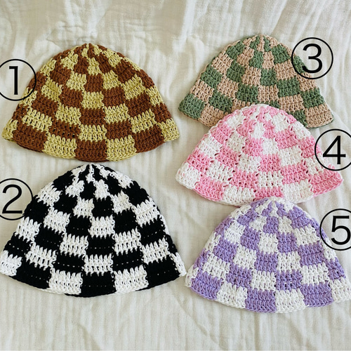◇キッズサイズ◇*チェック柄のクロシェハット* バケットハット バケハ