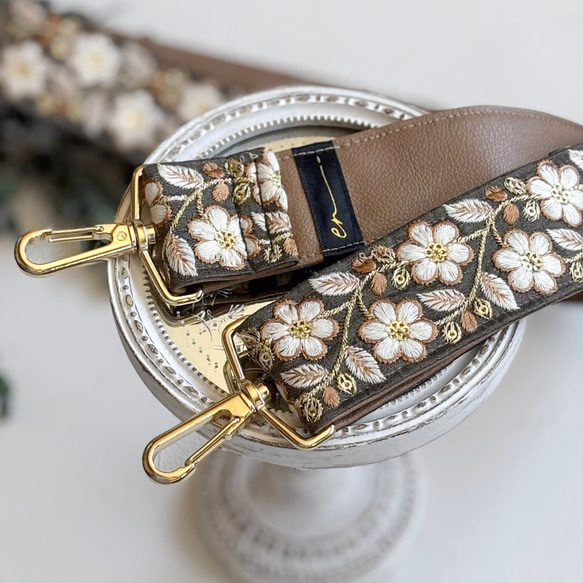 インド刺繍リボンのショルダーストラップ｜太め幅×高級感｜カーキ 1枚目の画像