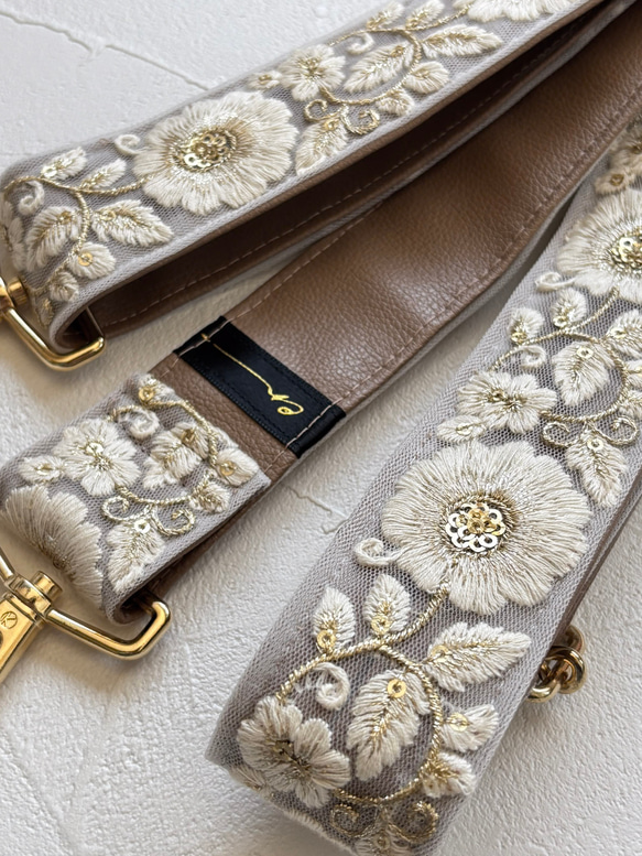 インド刺繍リボンのショルダーストラップ｜太め幅×高級感｜カーキ 9枚目の画像