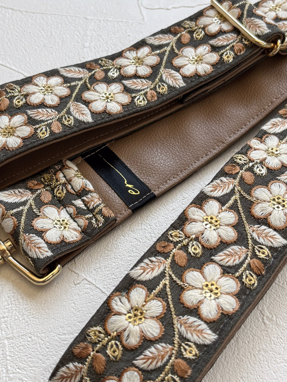 インド刺繍リボンのショルダーストラップ｜太め幅×高級感｜カーキ 4枚目の画像