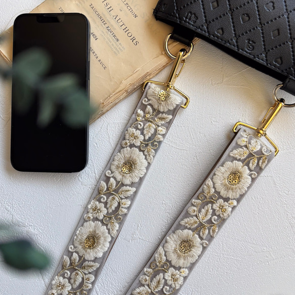 インド刺繍リボンのショルダーストラップ｜太め幅×高級感｜カーキ 8枚目の画像