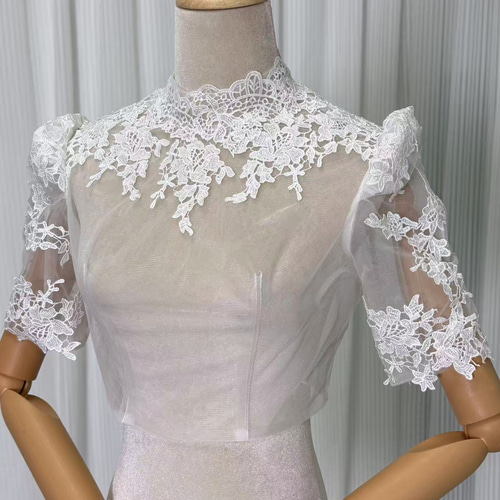 送料無料！ボレロ パフスリーブ 半袖 ファスナー ハイネック シアーな