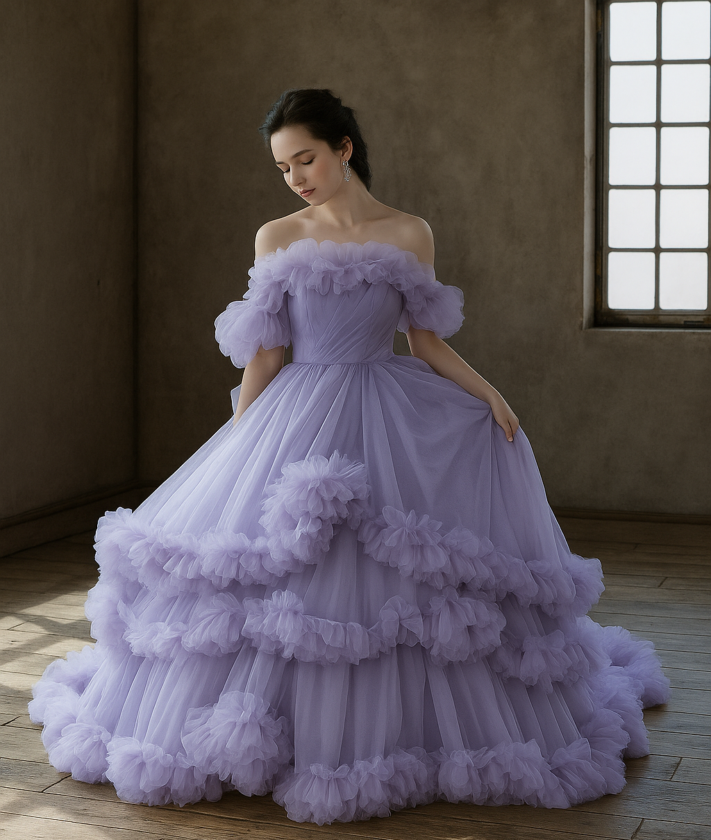 韓国風ふわもこカラードレス　ティアードスカート　チュールフリル　薄いパープル　オフショルダー　結婚式　前撮り　二次