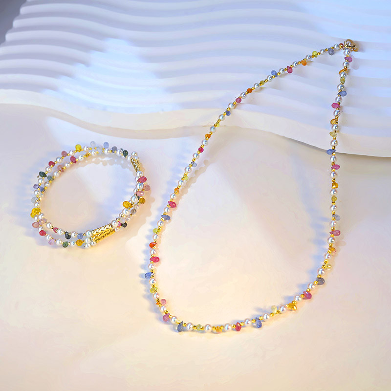 【La Corser】18Kゴールド 3-4mm 日本製アコヤ天然海水ラウンドパールカラージェムブレスレットネックレス キャンデ