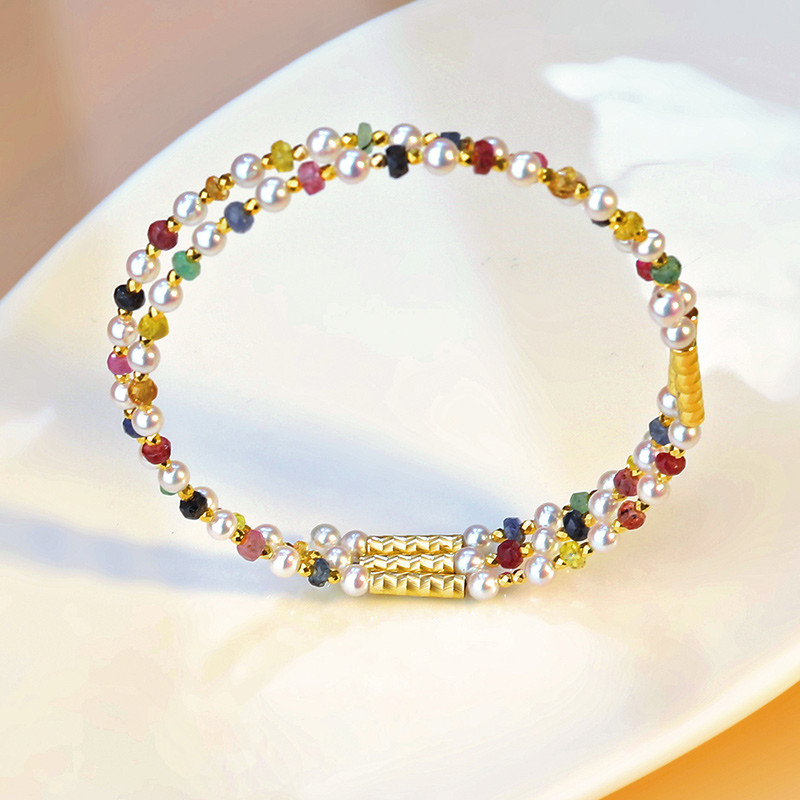 【La Corer】18Kゴールド 3-4mm 日本製アコヤ天然海水ラウンドパールカラージェムブレスレットネックレス キャンディ