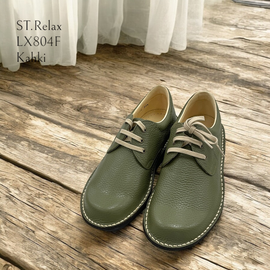 St.Relax◆体に優しいコンフォートプレーントウ／宮城興業製／本革／カーキ／シボ／柔らかい革
