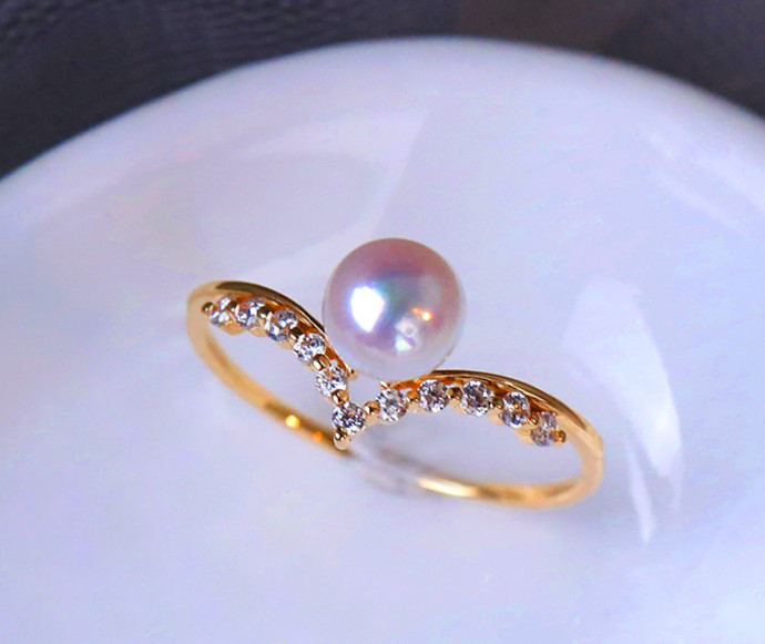 【ラコルセア】日本製 天珠グレード 4-6mm アコヤ真珠リング 18K 天然海水真珠リング ラウンドパール 非常に輝く小粒パー