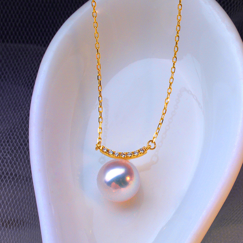 【ラコルセア】天然日本産7.5-8.5mmアコヤ真珠ペンダントネックレス、女神級、非常に明るい18金ダイヤモンド