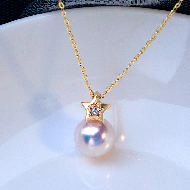【La Corser】天然日本産7.5-9.5mmアコヤ真珠ペンダントネックレス、非常に強い光が輝く18金ゴールドスター鎖骨チェ
