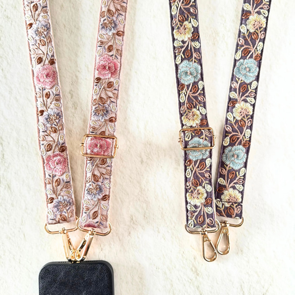 印度刺繡絲帶智慧型手機肩帶，玫瑰圖案，粉紅色或炭灰色 第1張的照片