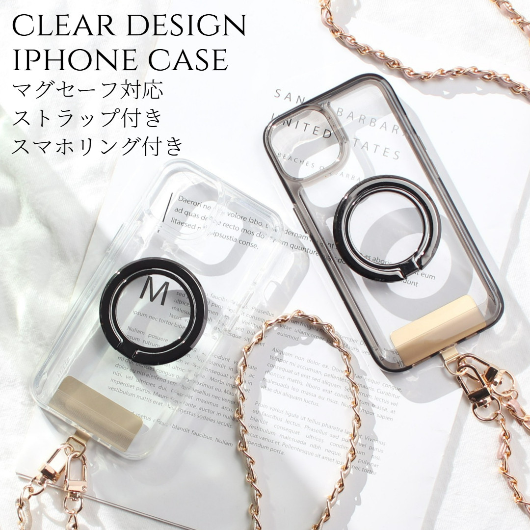 iPhone14 ケース クリア リング付き 14Plus 14Pro max チェーン ストラップ magsafe