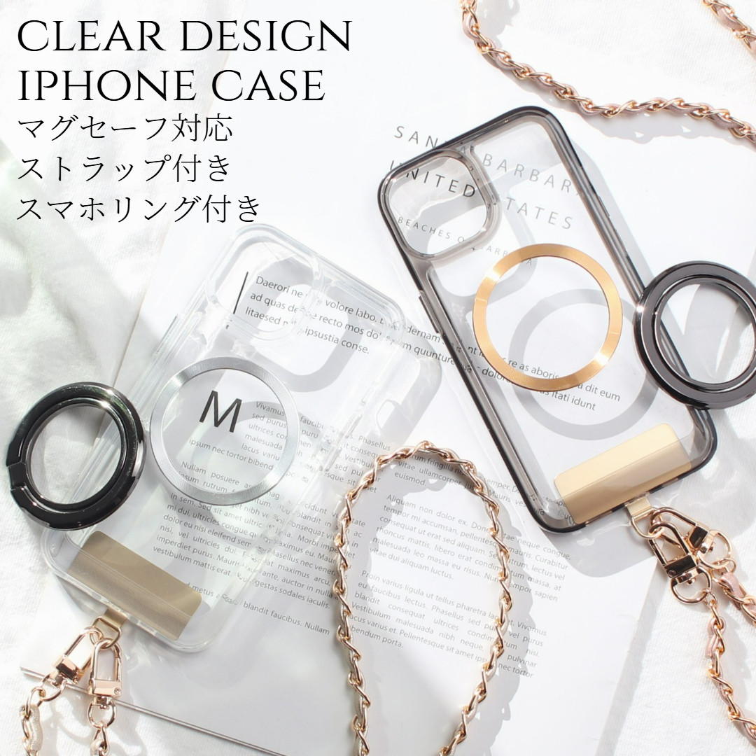 iPhone15 ケース クリア リング付き 15Plus 15Pro MAX チェーン ストラップ magsafe
