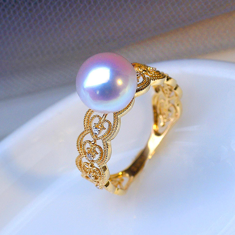【ラコルセア】日本製 天珠グレード 7-9.5mm アコヤ真珠リング 天然海水真珠リング レースエッジ 中空指輪 18Kゴールド