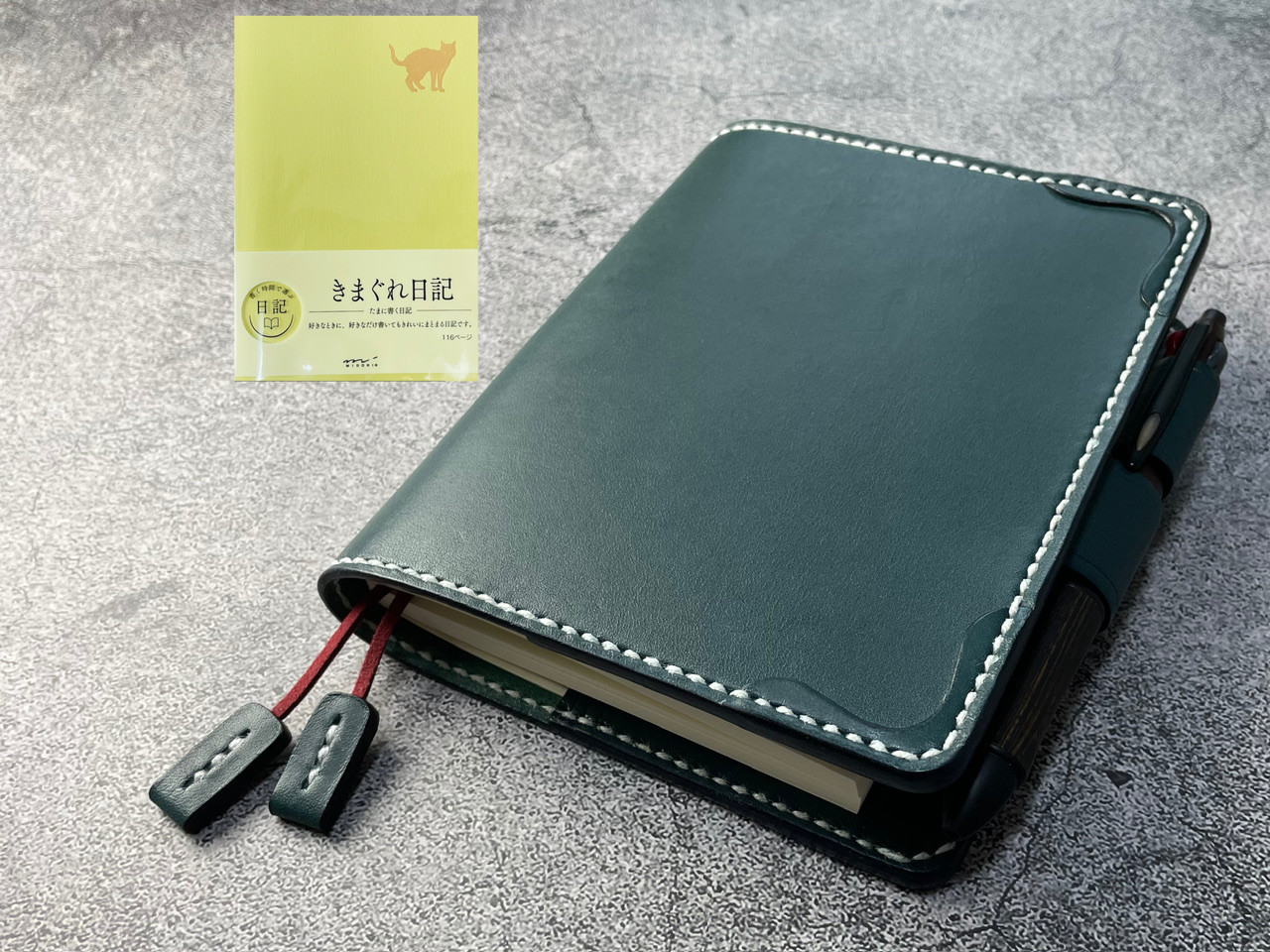 【手縫】ミドリ(MIDORI) きまぐれ日記A5用ブルーグリーン本革手帳カバー2本しおり付（バタフライストッパー）