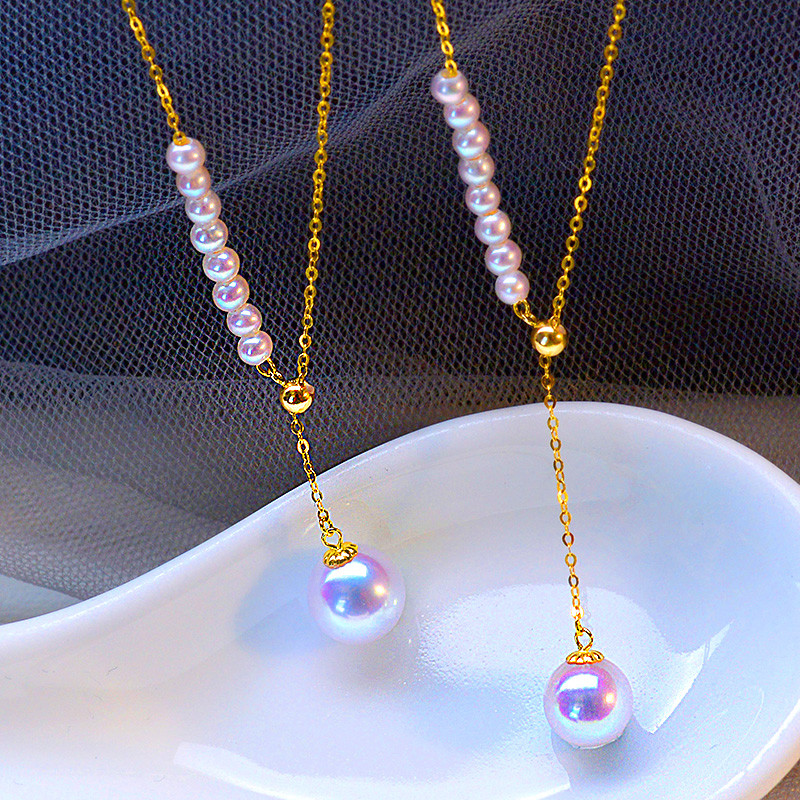 【La Corser】天然日本産7.5-9.5mmアコヤ真珠ペンダントネックレス 鎖骨チェーン 18Kゴールド Yチェーン ラウ