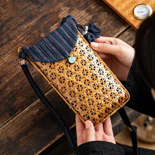 手作り竹編みスマホポーチ｜籠 かご バッグ 職人手作 自然素材
