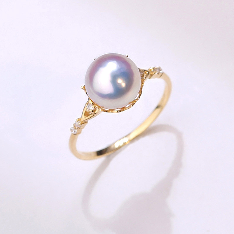 【La Corser】天然日本産7-9mmアコヤ海水真珠リング、天体リング、女性用、18Kゴールド、小さな王冠デザイン