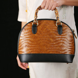 2WAY竹編み革バッグ 手作り ショルダー＆ハンドバッグ レディース かご