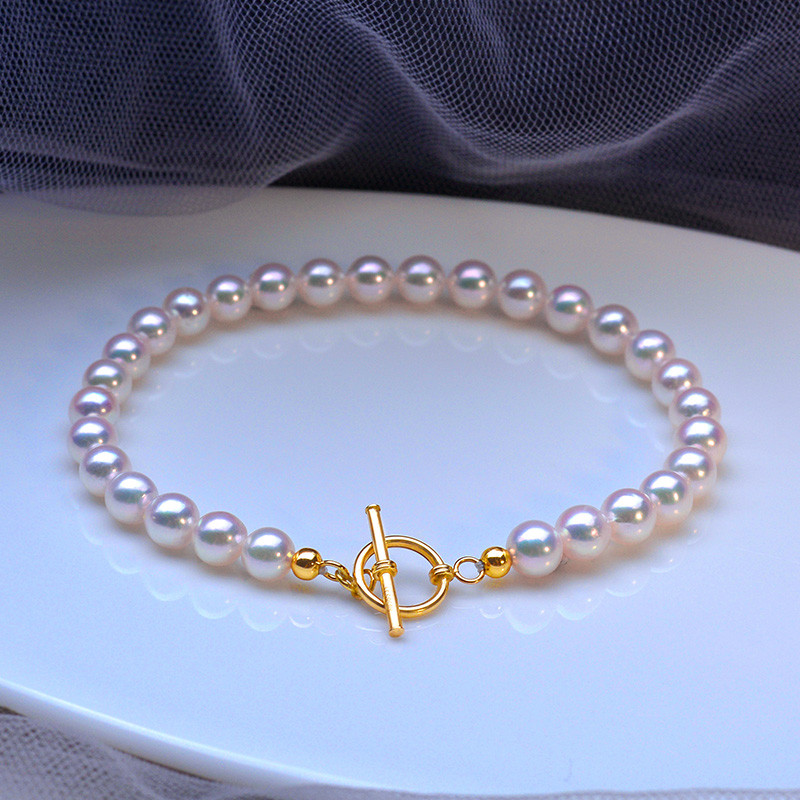 【La Corser】天然日本製4-7mmアコヤ海水真珠ブレスレット 18Kゴールド OTバックル レディーススタイル 強い光が