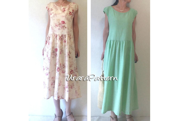 【張り合せなし型紙】 大人 プチパフ袖のワンピースN S~5L 1枚目の画像