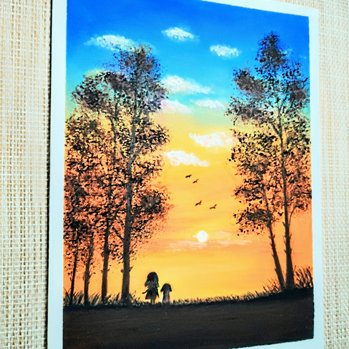 オレンジ色とブルーの空の下で 【原画】オイルパステルアート