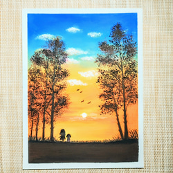 オレンジ色とブルーの空の下で 【原画】オイルパステルアート 絵画