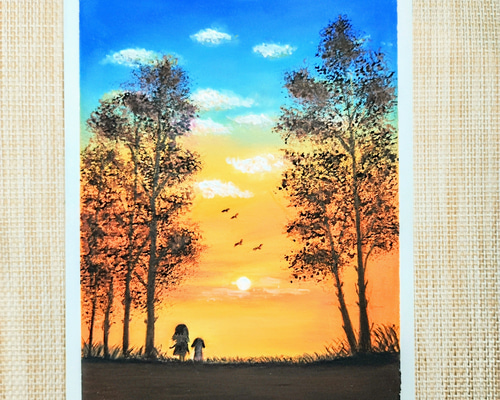 オレンジ色とブルーの空の下で 【原画】オイルパステルアート