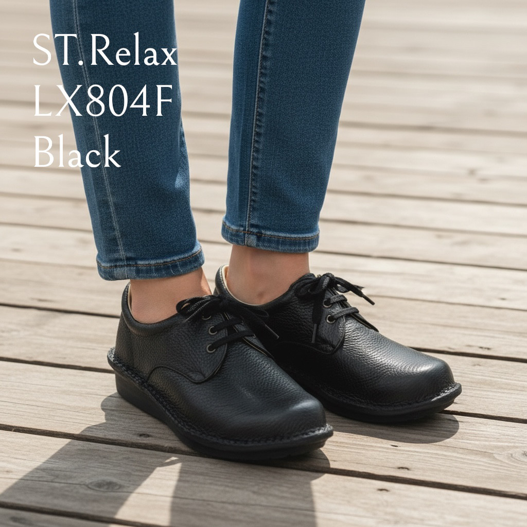 St.Relax◆体に優しいコンフォートプレーントウ／宮城興業製／本革／ブラック／黒／シボ／柔らかい革