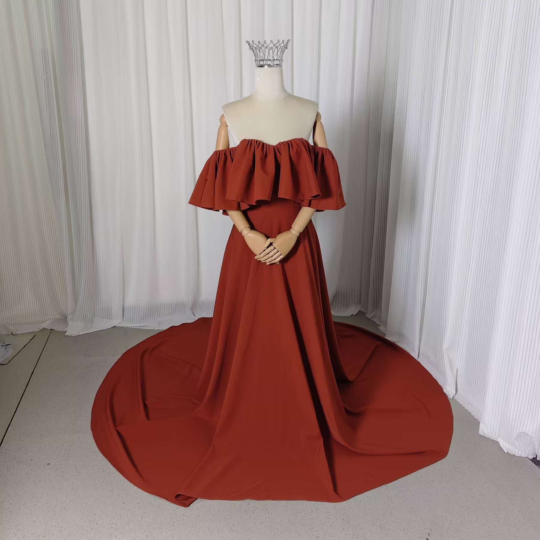 送料無料！パーティードレス テラコッタ色 オフショルダー 編み上げ 前撮り