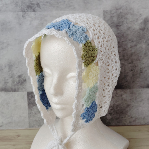ボンネット クロシェハット コットン 手編み モチーフ編み 透かし編み