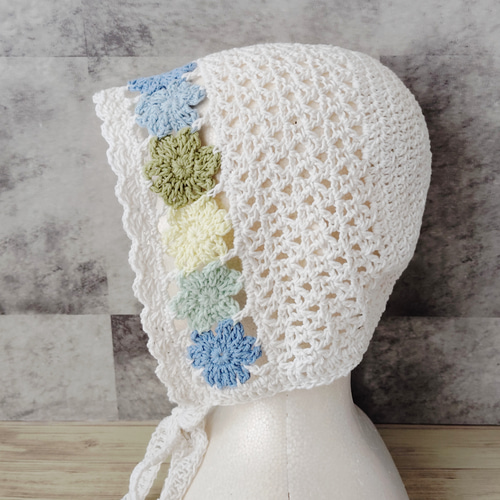 ボンネット クロシェハット コットン 手編み モチーフ編み 透かし編み