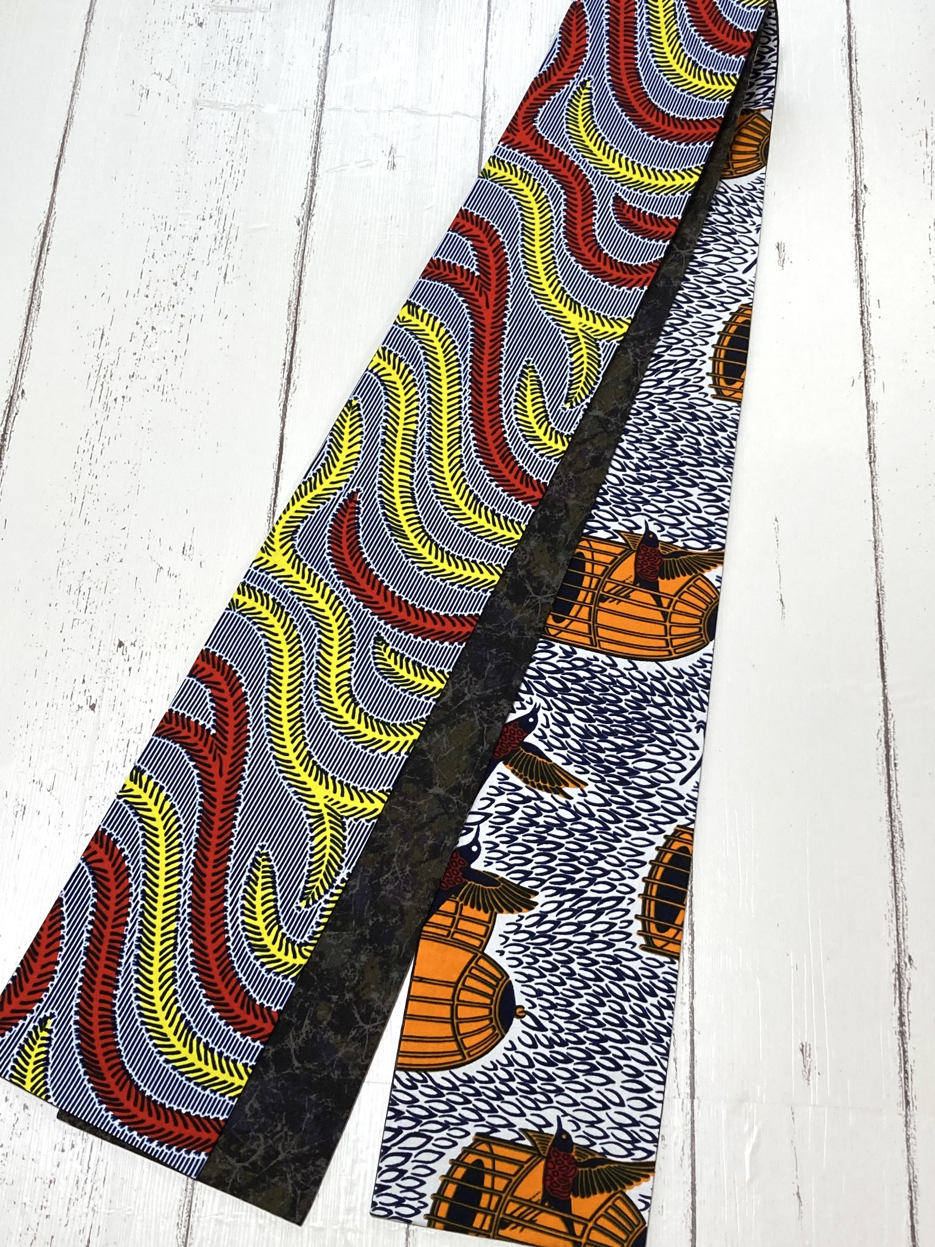 ♦︎新作♦︎半幅帯・パッチワークアフリカン【飛び出す籠の鳥×バードフェザー】リバーシブル半幅帯・ルツボ・る壺＋＋＋