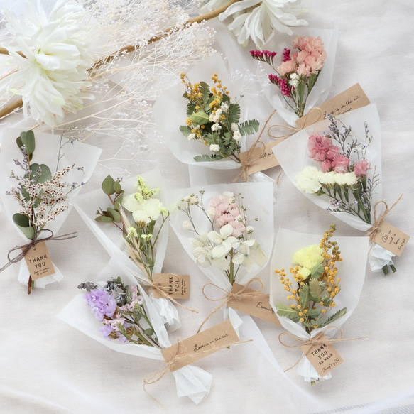 ミミ 花かんむり♡リストブーケ カラー選べます！】小さな白ラッピングのドライフラワー花束