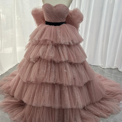 豪華！カラードレス ピンク ベアトップ キラキラチュール 豪華なバック