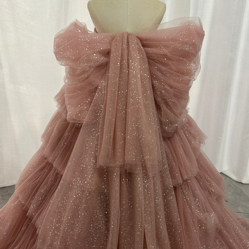 ピンク フリル リボン　チュールドレス フリルボリュームチュール×バックシャンコードロングドレス